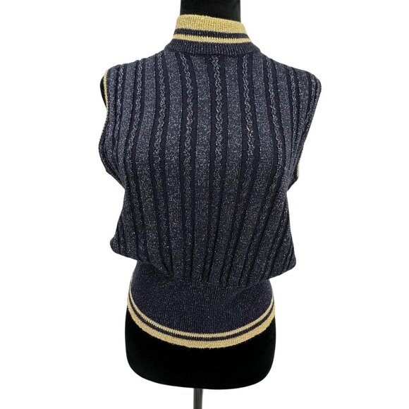 2/$18 Sale!  Vtg Varsity Sweater Vest Striped Cable Knit Metallic‎ L Mock Neck - Picture 4 of 8